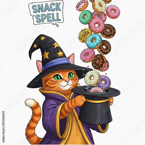 A cat wizard in a robe and hat conjures donuts from a top hat with a "Snack Spell" above.