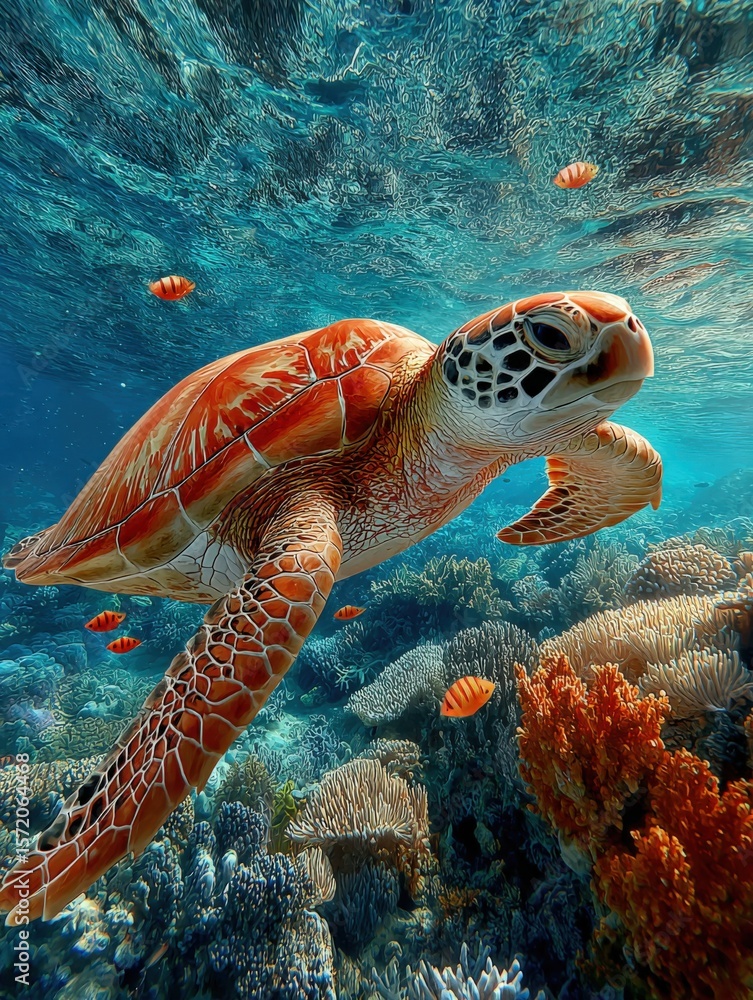 Fototapeta premium Vibrant underwater scene featu a detailed sea turtle swimming over colorful coral reef with marine life including fish and anemones in clear ocean water