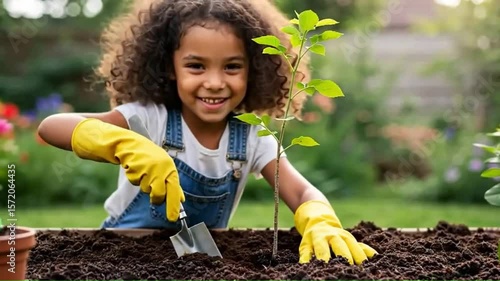 Wallpaper Mural Young girl planting a seedling in a garden wearing yellow gloves and denim overalls Torontodigital.ca