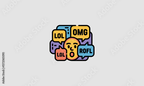 Emoticon expresses surprise surrounded by internet slang in a digital illustration, representing online communication and modern expression, with copy space.