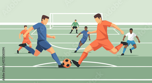 Soccer players kick the ball during a match on the field, demonstrating sportsmanship and teamwork concept, with stylized illustration and copy space.