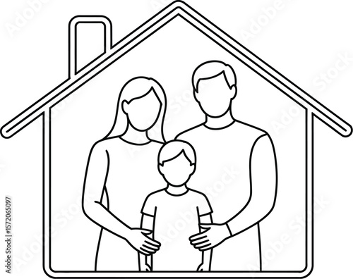 Illustration of a family of three inside a house outline with white background and spotlight effect
