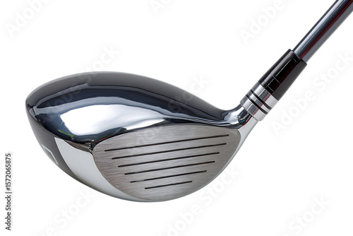 Close up of a modern golf club head with a shiny metallic finish isolated on transparent background