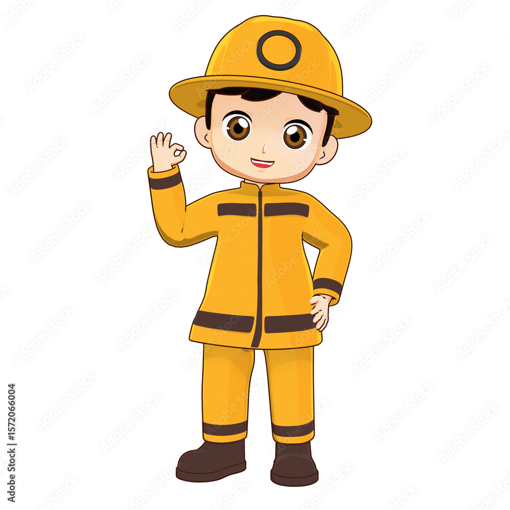 3D illustration of a cartoon firefighter boy wearing yellow uniform making an OK hand gesture with confident and friendly smile. 3D illustration of a cartoon firefighter boy wearing yellow uniform making an OK hand gesture with confident and friendly smile.