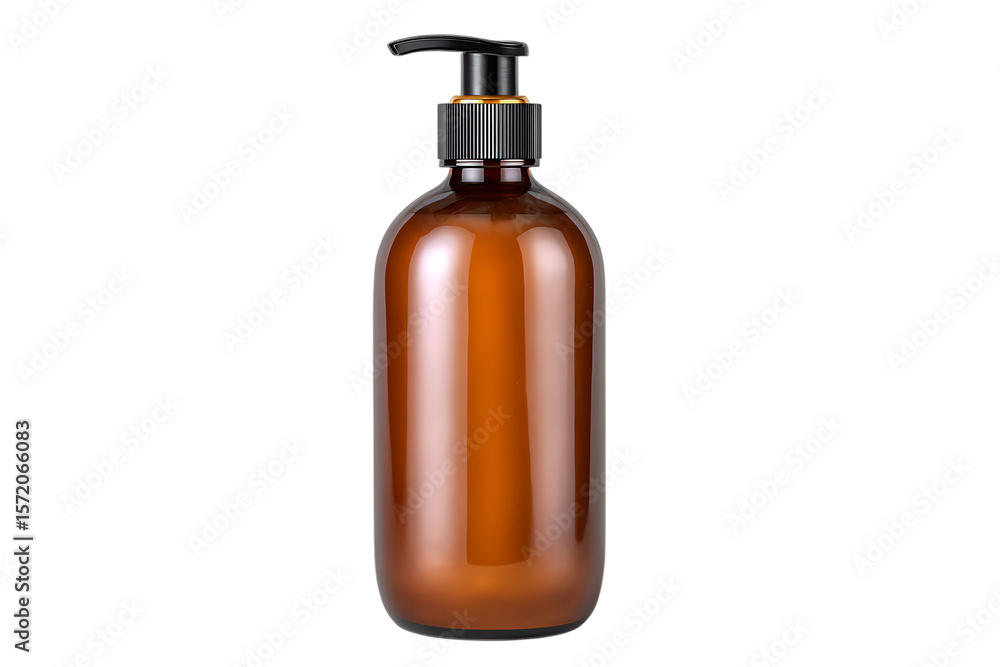 Amber glass pump bottle for cosmetic or personal care products isolated on transparent background Amber glass pump bottle for cosmetic or personal care products isolated on transparent background