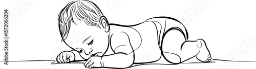Illustration of a baby lying on their stomach with their head down and arms out on a light surface