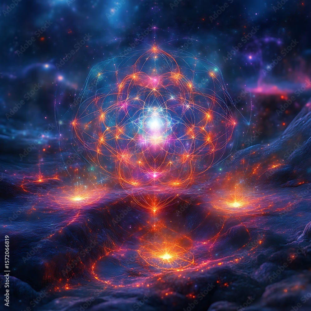 Obraz premium Cosmic Geometry Vibrant energy sphere over fiery landscape