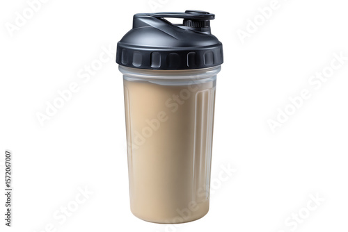 Plastic shaker bottle filled with a creamy beige protein shake isolated on transparent background