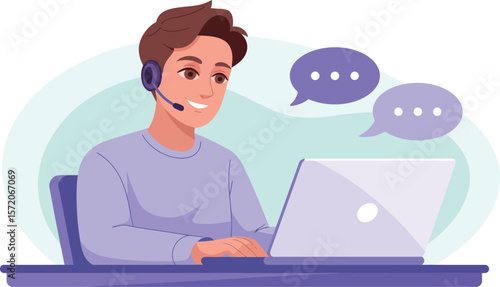 Illustration of a customer service representative with headset at laptop with speech bubbles above him