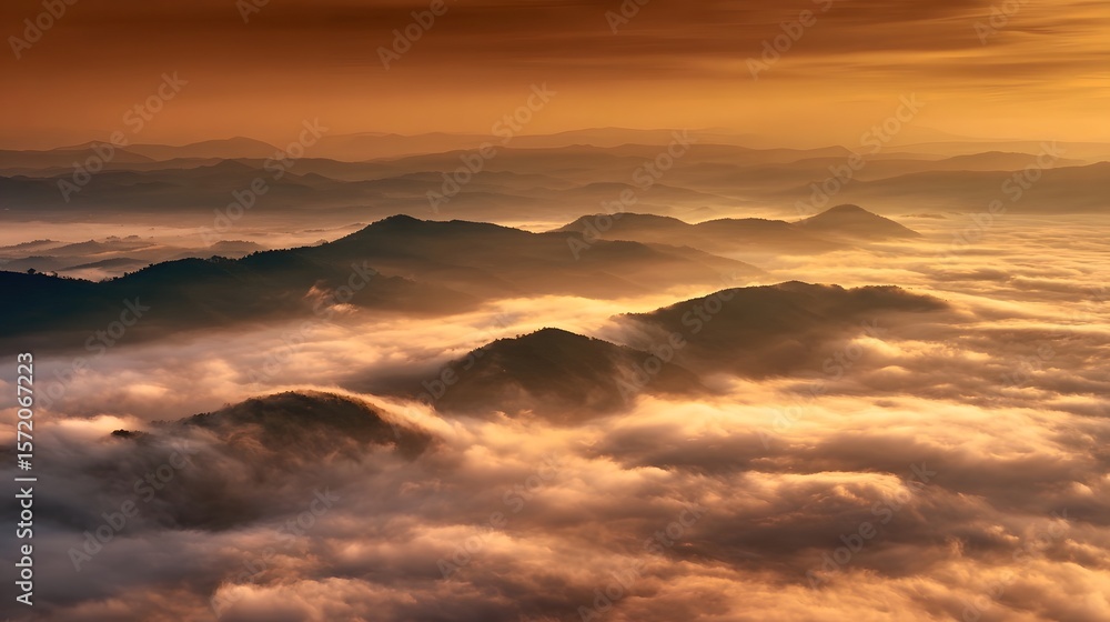 Fototapeta premium A breathtaking misty mountain landscape at sunrise where a sea of clouds fills the valleys below and distant peaks stand tall their silhouettes glowing in the warm golden light of the new day