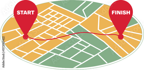 Illustration of a map with start and finish points connected by a red line on a light background