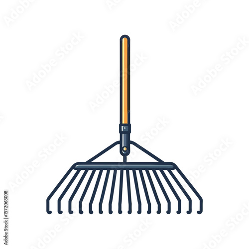 A flat, stylized rake with a yellow handle. Ideal for websites/blogs on gardening, autumn cleanup, yard work, or outdoor tools.

