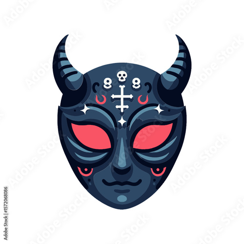 A mysterious, horned black mask with red eyes and arcane symbols, perfect for Halloween themes, fantasy blogs, or occult-related content.

