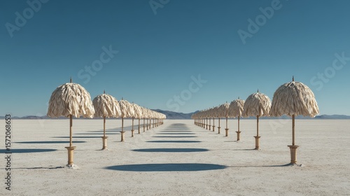 Symmetrical rows of cream-colored umbrellas on an expansive dry flatland
