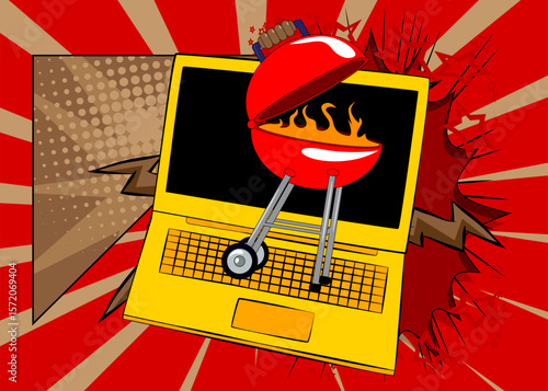 Cartoon Laptop, comic book Notebook with Burning wood in barbeque grill. Retro vector comics pop art design.