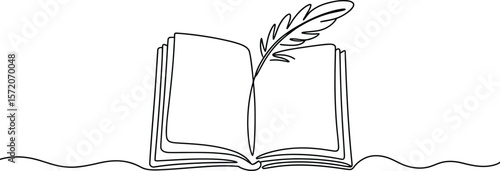 A continuous line drawing of an open book with a quill pen resting on the pages on a white background