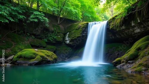 Serene waterfall cascading over mossy rocks, creating a tranquil and peaceful atmosphere perfect for relaxation and meditation Ideal for spa, travel, and nature themes , soothing, wellness, geology