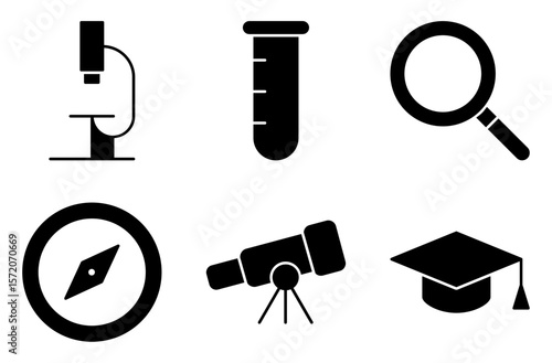 Science and Laboratory Equipment Icon Set, such as microscope, test tube, magnifying glass, compass, telescope, and graduation cap