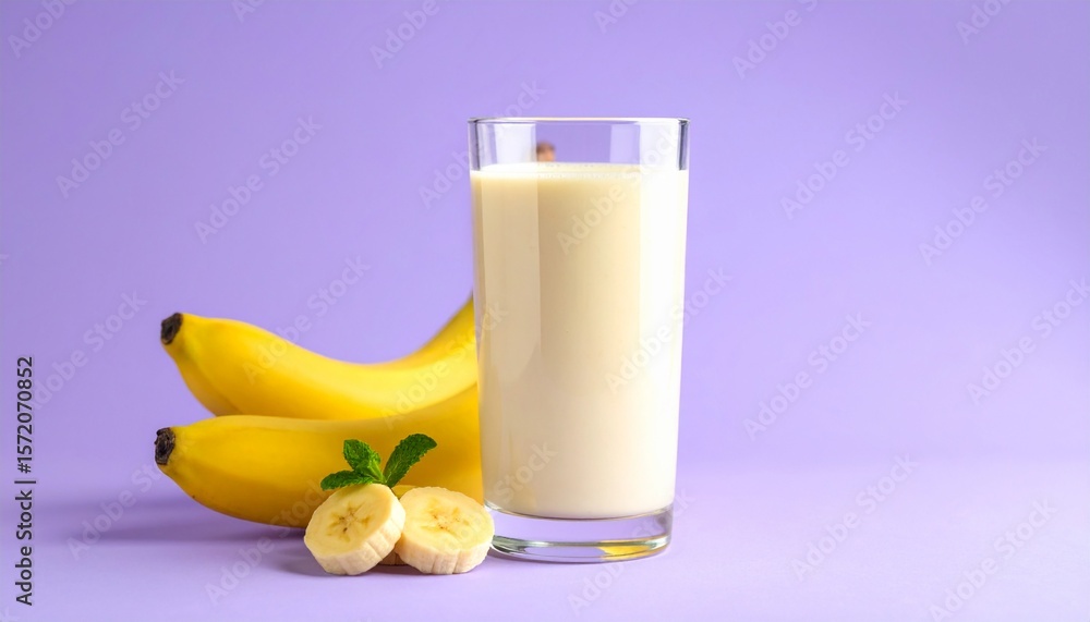 Glass Of Banana Milkshake On Violet Background. Summer Drink. Glass Of Banana Milkshake On Violet Background. Summer Drink.