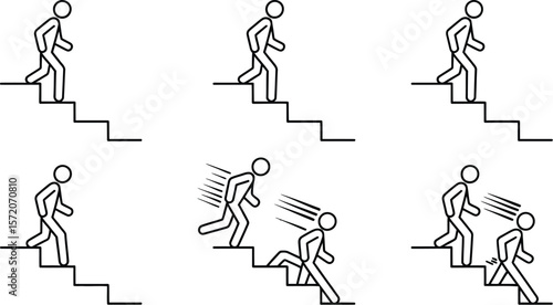 Illustration of stick figures descending stairs with varying speeds and one appearing to trip and fall