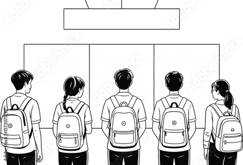 Students with backpacks looking at posters at a student research symposium event in a building hall