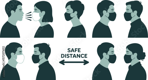 Illustration showing people wearing face masks and safe distance during a pandemic or health crisis