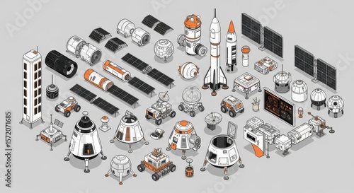 Fototapeta Naklejka Na Ścianę i Meble -  An isometric view of various space exploration modules and vehicles