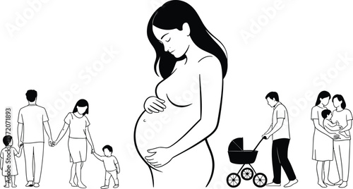 Illustration of a pregnant woman surrounded by families and a man with a stroller on a white background