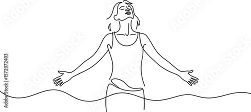 A minimalistic line art of a woman with arms outstretched against a cloudy sky and bright light above