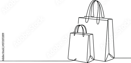 A minimalistic line drawing of two shopping bags under a spotlight against a white background space