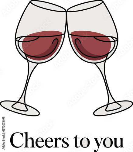 Two wine glasses clinking filled with red wine in a minimalist line art style on a light background