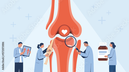 Illustration of doctors examining a knee joint with x ray and medication on a blue background with plus signs