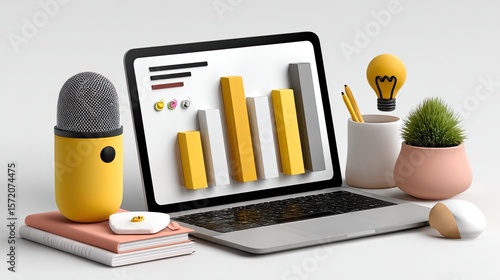 Business Concept: Laptop with Bar Graph, Light Bulb, Microphone