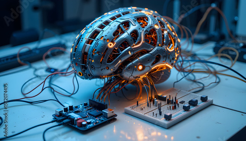 Metallic Brain with Neural Lines Linked to Breadboard and Arduino