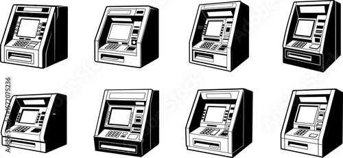 A set of Black and white ATM machine silhouette vector illustration flat design