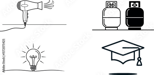 Stock vector illustration of hair dryer, gas tank, light bulb and graduation cap icons