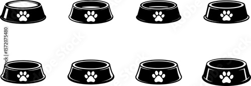 A set of Black and white dog bowl with paw print vector illustration flat design