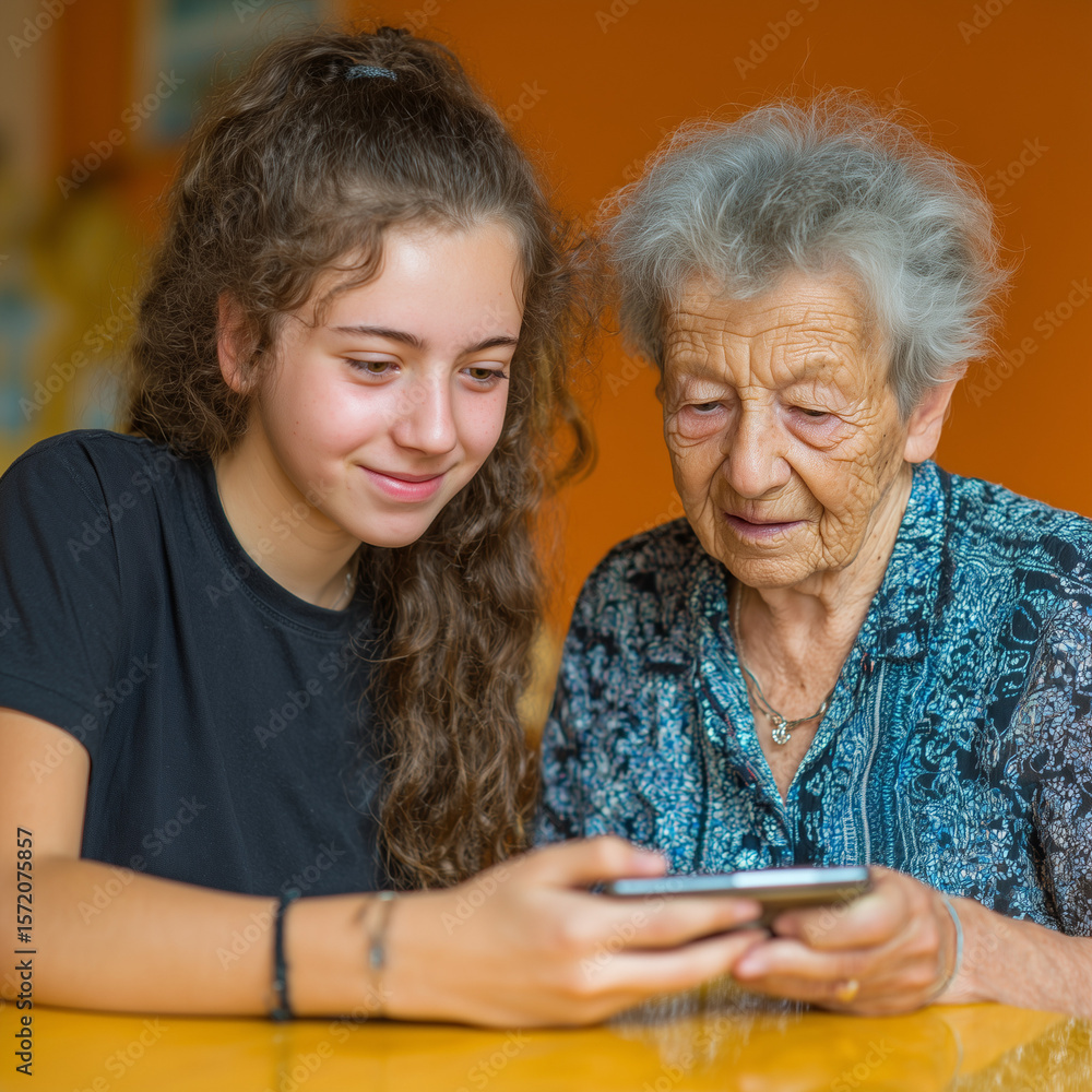 Teenage girl showing smartphone to curious elderly grandmother at home Teenage girl showing smartphone to curious elderly grandmother at home