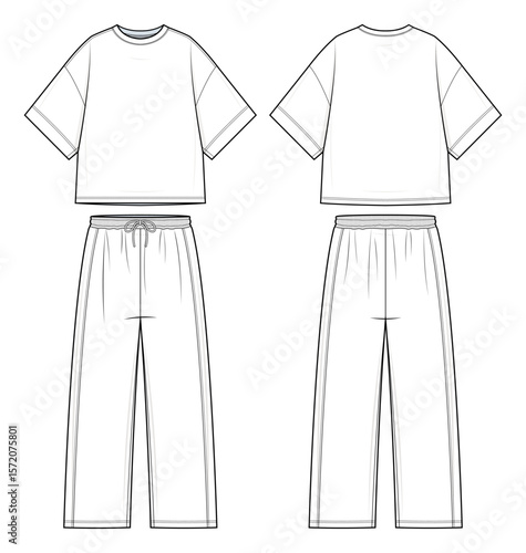 Matching T-Shirt and Pants Technical Fashion Flats. Men’s Outfit Vector Template. Front and Back design. Relaxed Fit. Straight Pants. Short-Sleeve Tee. White Color. CAD Mockup Set.