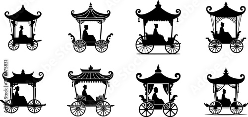 A set of Chinese rickshaw with passenger black and white silhouette vector illustration