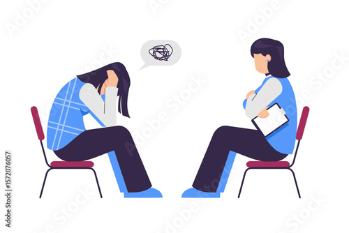 stressed girl talking with psychologist . Mental health, psychologist consultation and help. Vector illustration