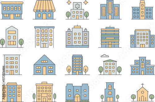 Vector buildings icons set modern architecture urban landscape city skyline real estate design