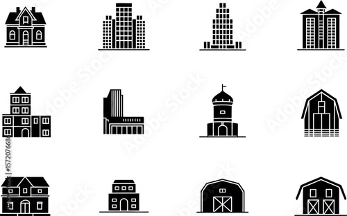 Buildings architecture vector icons set: house, skyscraper, barn, tower, silhouette design