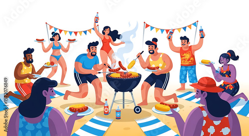 Summer barbecue party diverse friends enjoying outdoor grill food