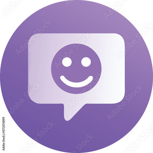Vector art of a cheerful purple circle presents a speech bubble icon with a smiling face, conveying positive feedback