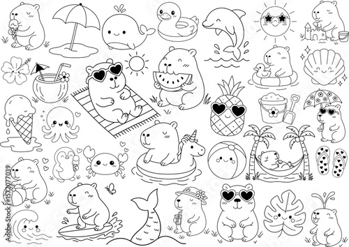 Capybara Beach Summer Vacation with Cute Cartoon Tropical Animal Illustration
