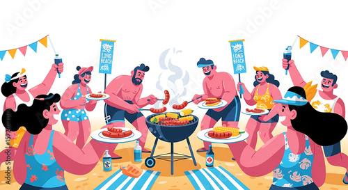 Summer beach barbecue group of happy people enjoying outdoor food and fun