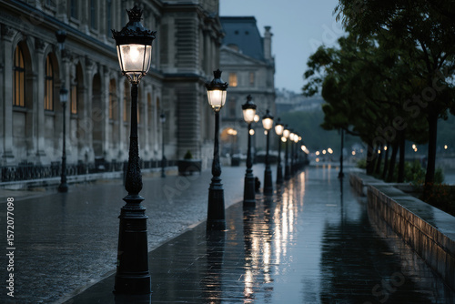 Fototapeta Naklejka Na Ścianę i Meble -  Row of ornate street lamps illuminating a wet cobblestone path in paris at dusk