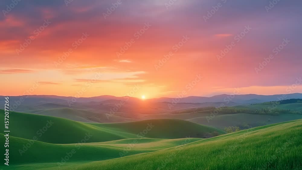 Vibrant Sunset Over Rolling Green Hills Vibrant Sunset Over Rolling Green Hills