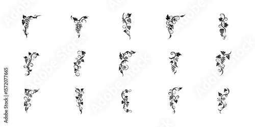 Vintage grape vine silhouette vector icons collection with elegant bunches, curling leaves and ornate design elements for wine, decor and creative projects

